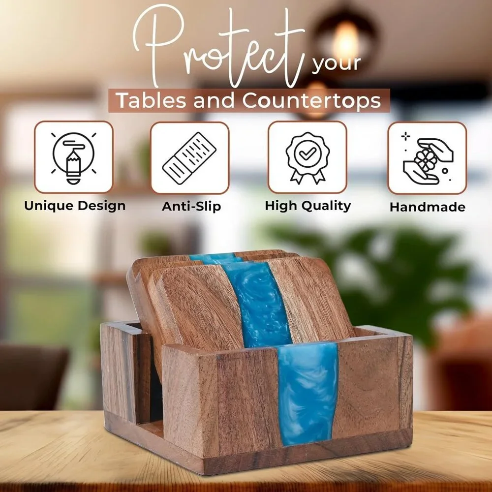 Wood Coasters with Resin - Set of 4 Cup Coasters with Holder - 4 x 4 Inches - Un